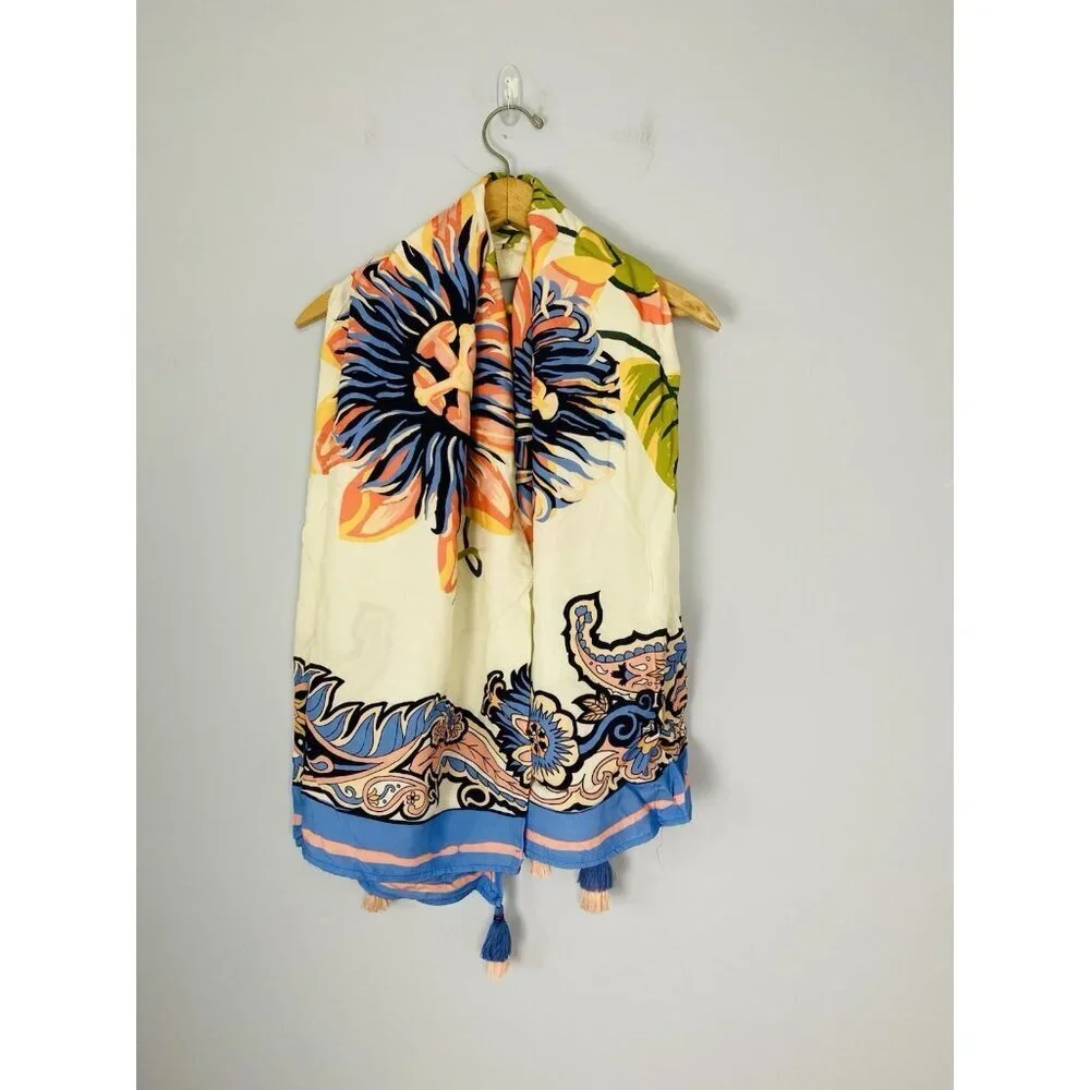 Passion Flower Scarf Beach Wrap Sarong Cover Beach Wrap Tassel Ends